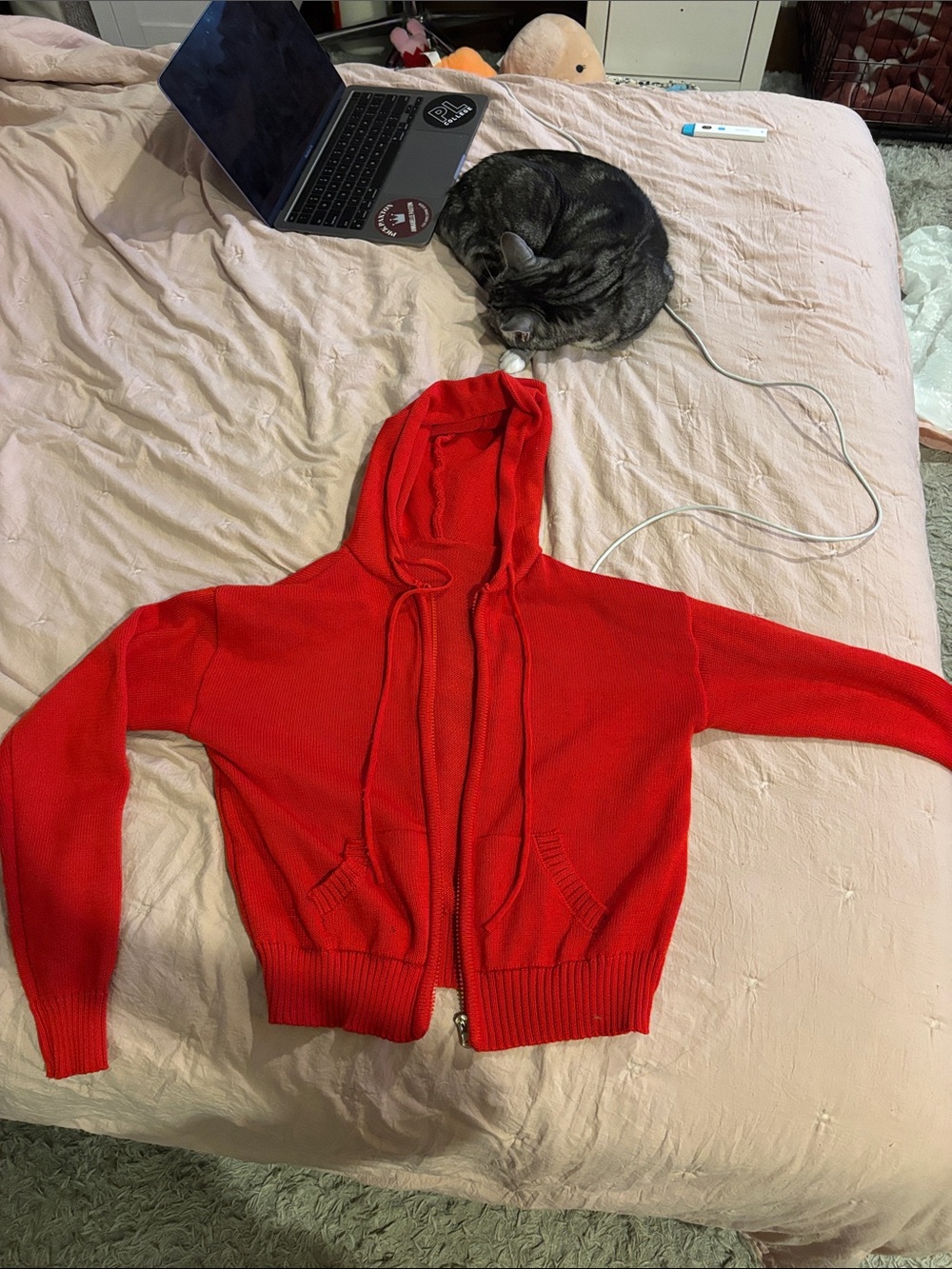 Amazon Women’s Bright Red Hooded Zip Knit Sweater